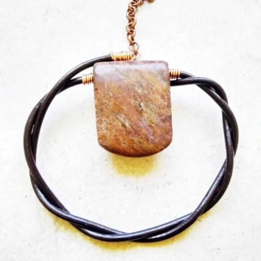 Rugged & Masculine!  Striated Brown Jasper Tablet + Genuine Leather Cord 20+2